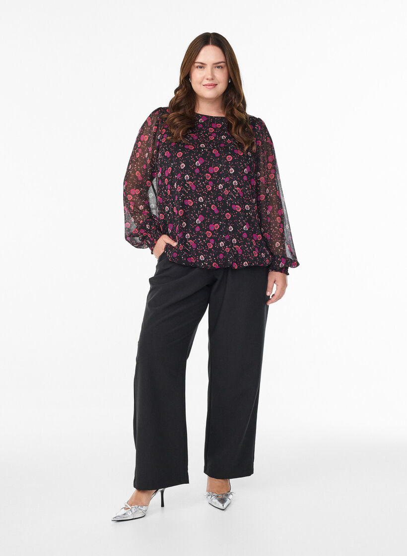 Chiffon blouse met bloemenprint en sheer mouwen, Zwart, Model image number 1