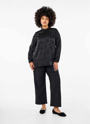 ZizziSatijnen blouse met ton-sur-ton patroon, Black, Model image number 2
