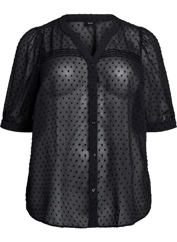 Blouse met korte mouwen en een gestippelde textuur, Zwart, Packshot image number 0