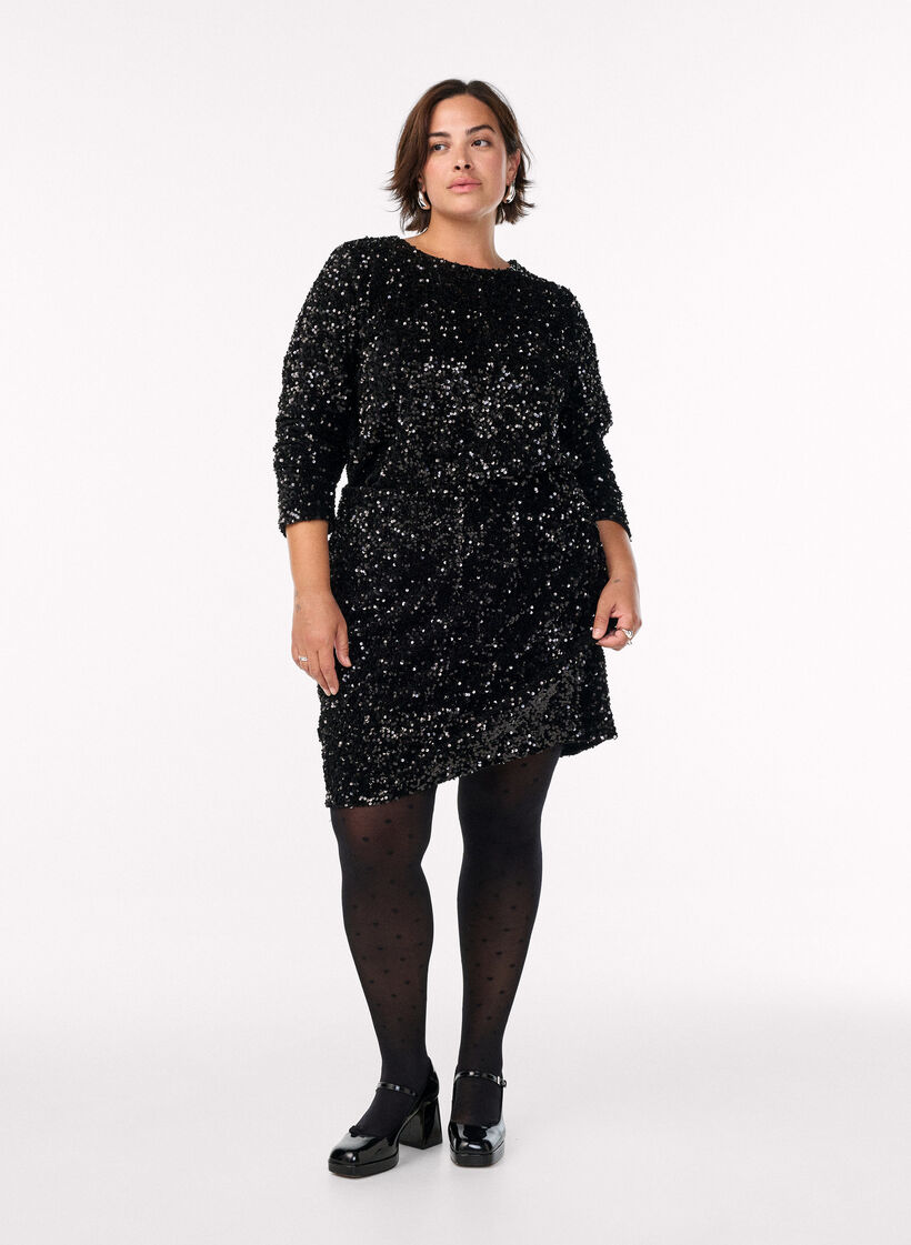 Blouse met lange mouwen en pailletten, Zwart, Model image number 1