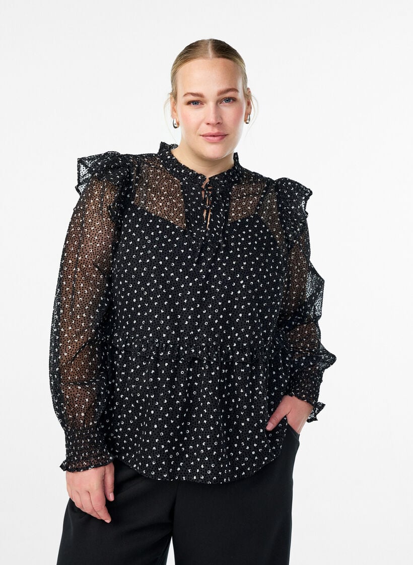 Chiffon blouse met ruchesdetails en kleine stippen, Zwart, Model image number 0