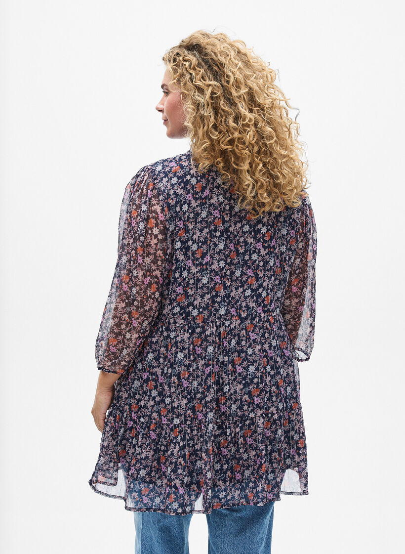 Tunic met bloemenprint en glitterdraden, Navy Flower AOP, Model