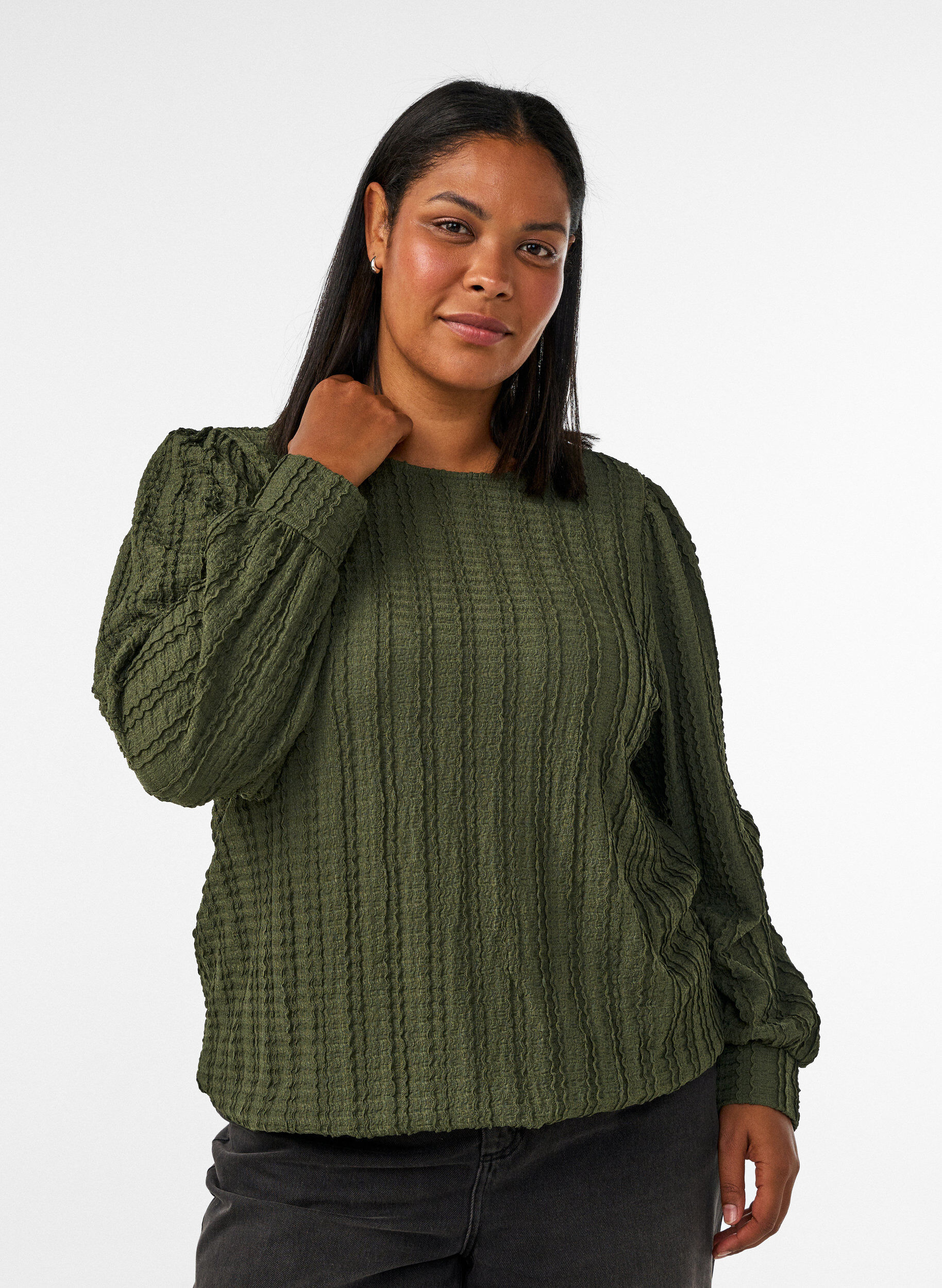Jersey blouse met structuur en ballonsilhouet, Groen, Model