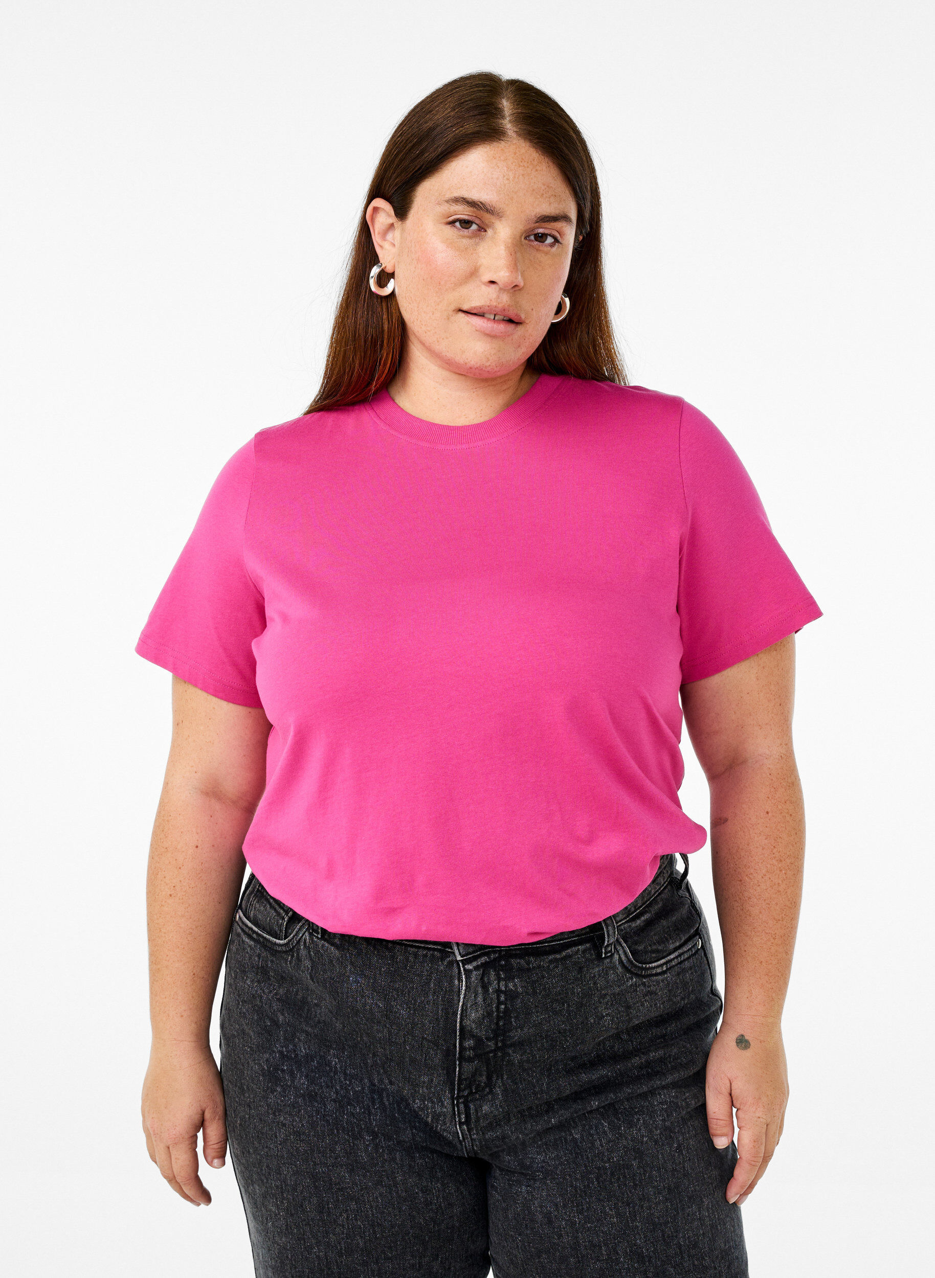 T-shirt basique en coton &agrave; col rond, Rose, Model