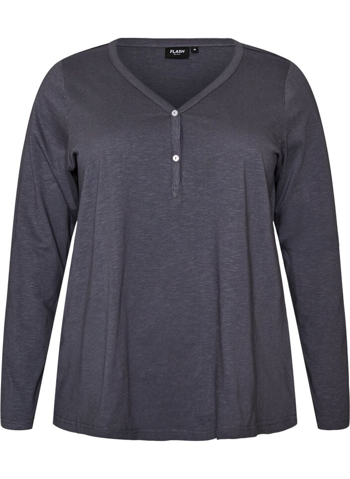 T-shirt met lange mouwen, V-hals en knopen, Grijs, Packshot image number 0