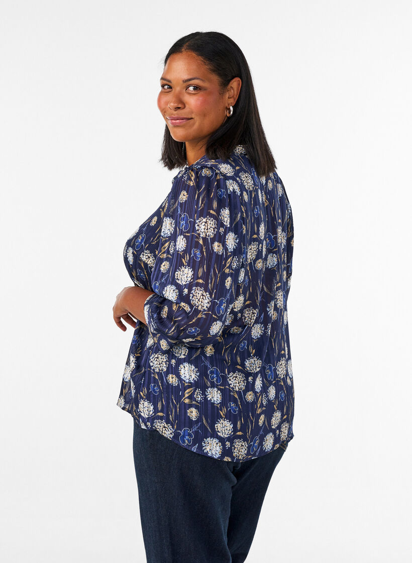 Blouse met patroon, opstaande kraag en 3/4-mouwen, Blauw, Model image number 2