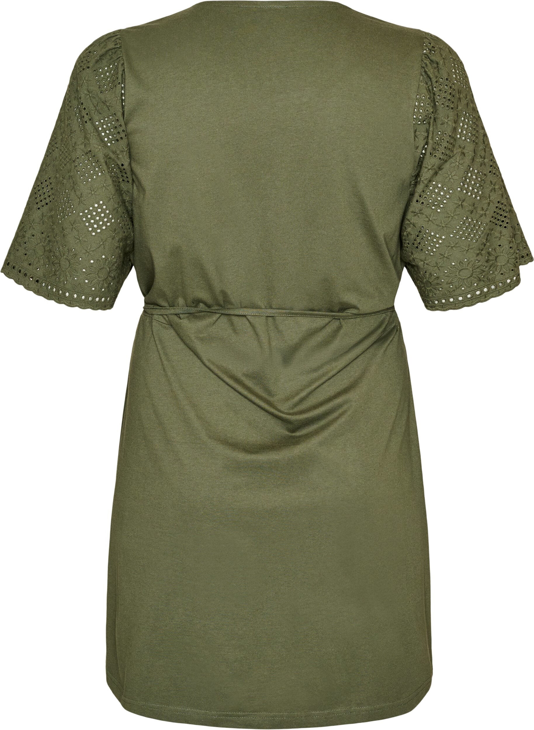 ZizziKatoenen jurk met broderie anglaise mouwen en een strik in de taille, Groen, Packshot image number 1