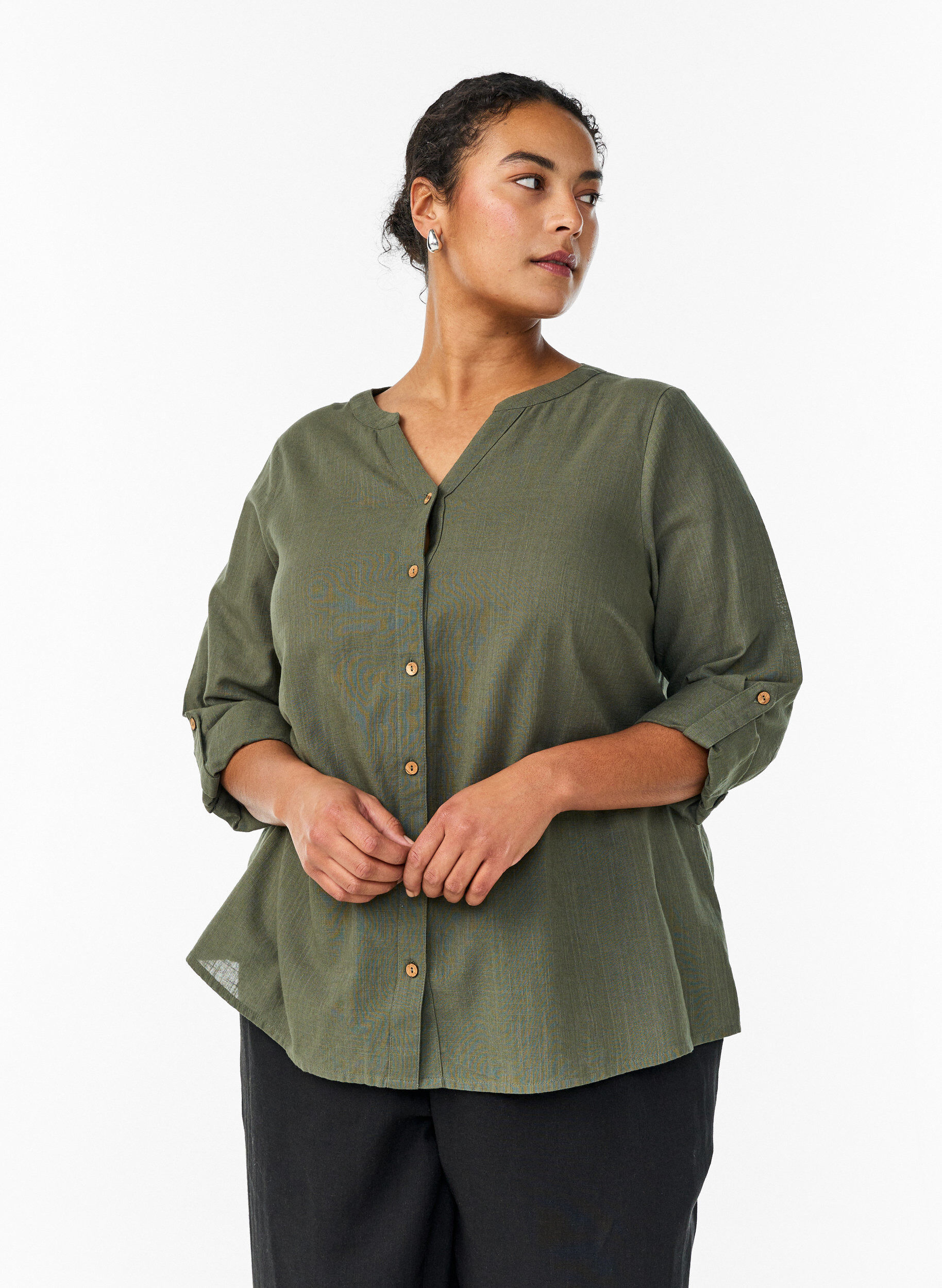 Katoenen blouse met V-hals, Groen, Model