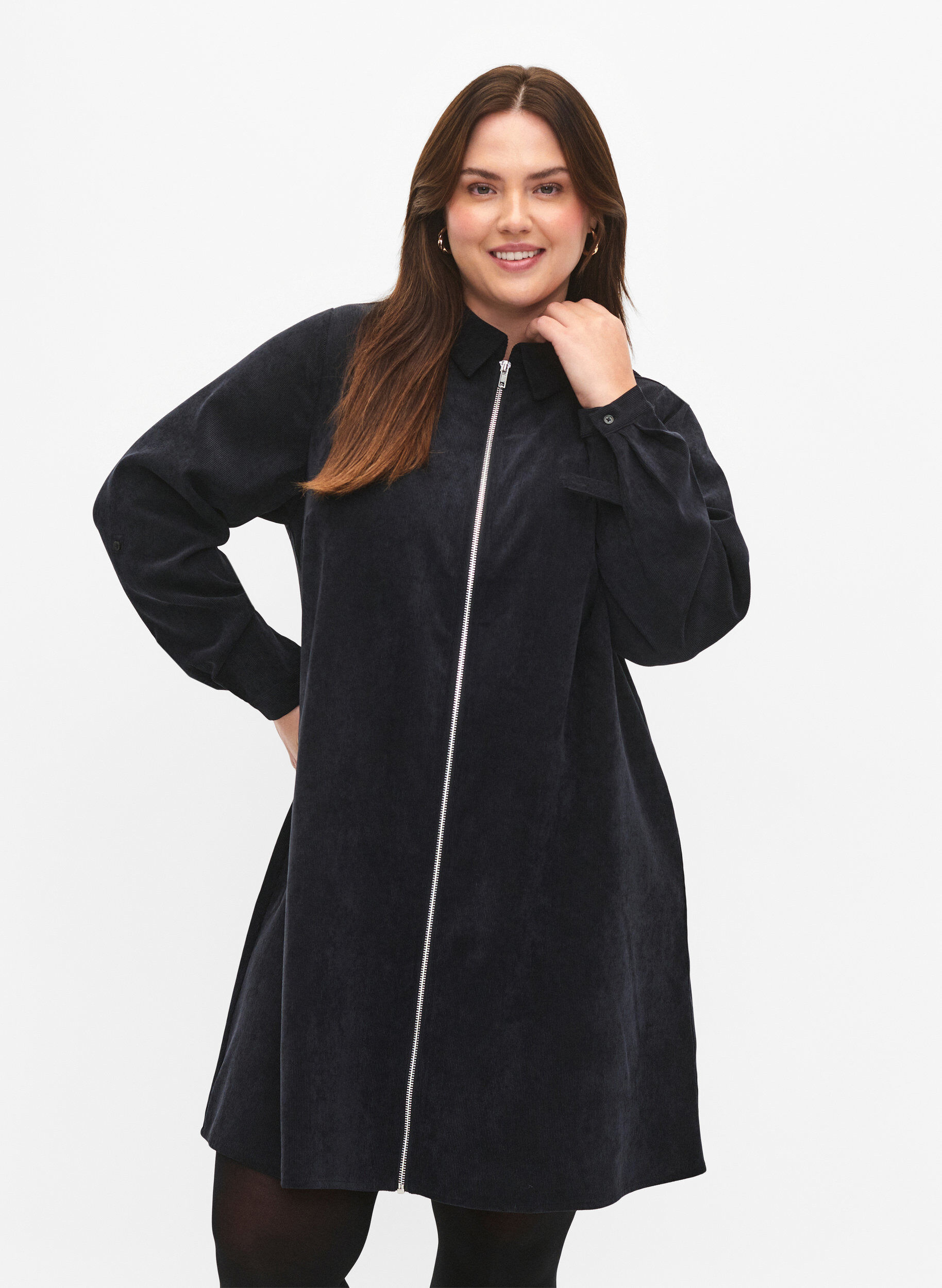 Fluwelen jurk met rits en 3/4 mouwen, Zwart, Model