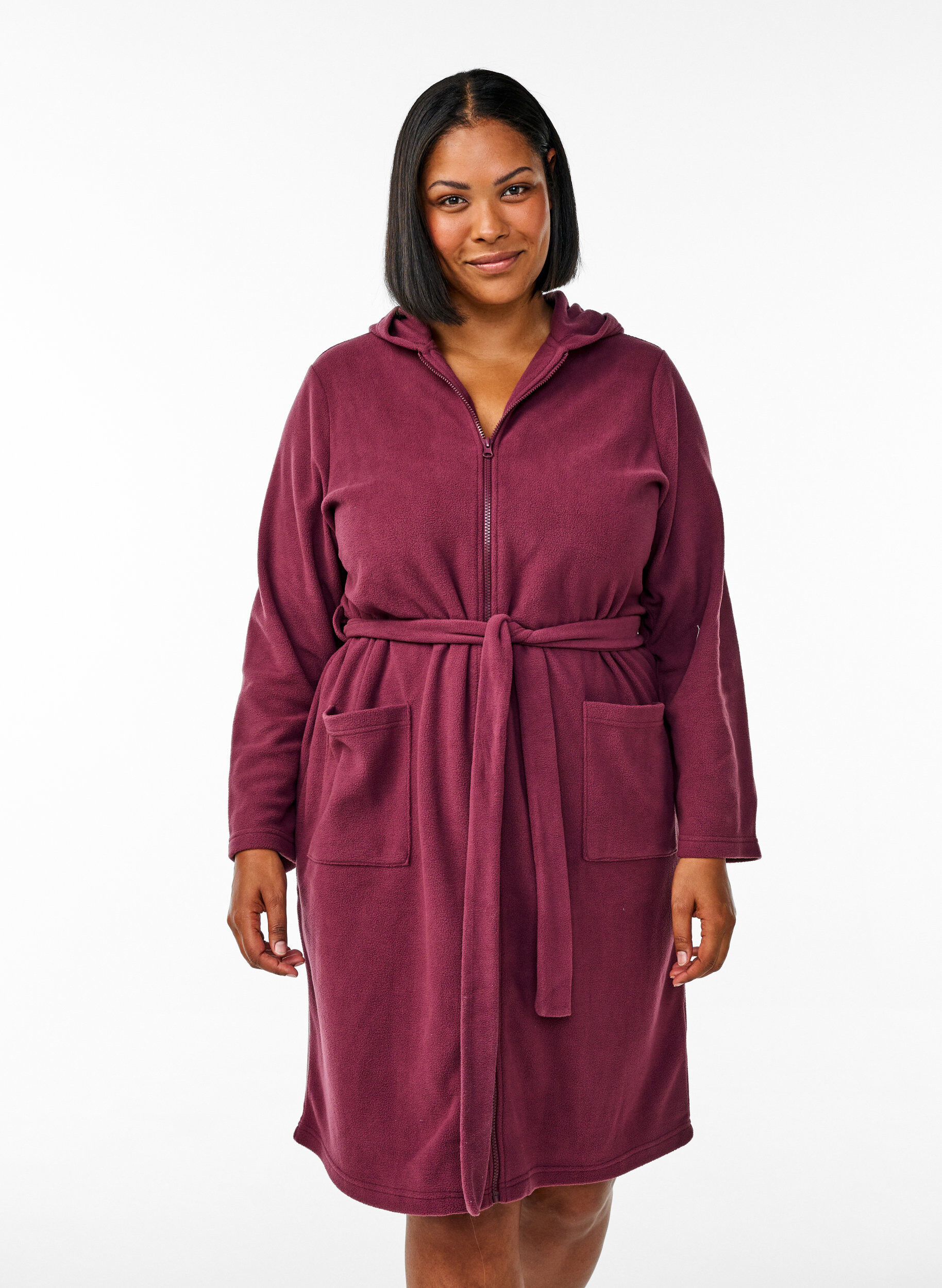 Ochtendjas met rits en capuchon, Donker Bordeaux, Model