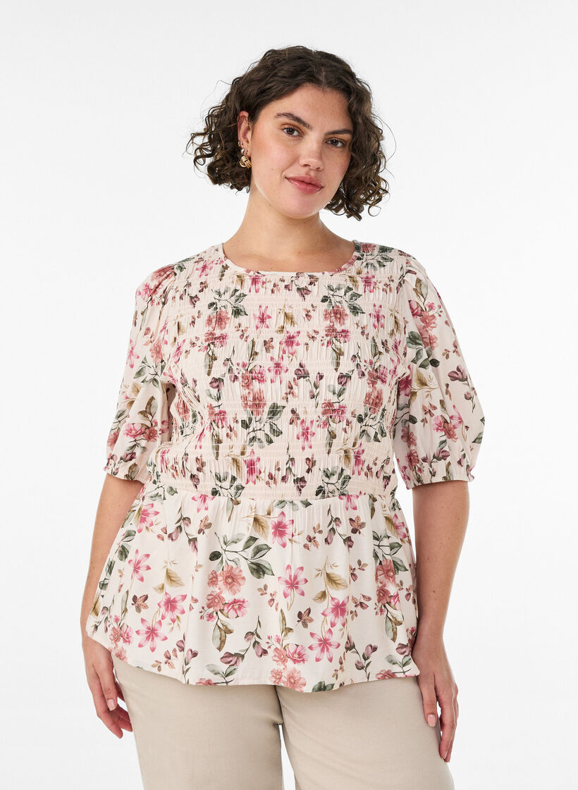 Viscose blouse met smokwerk en peplum-effect, Vanille, Model image number 0