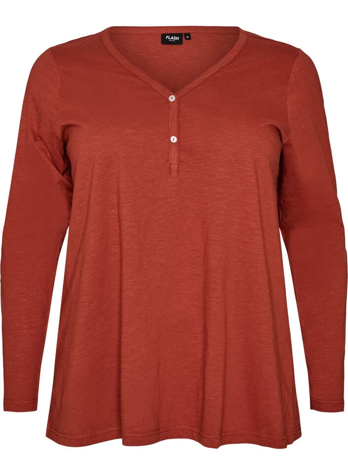 T-shirt met lange mouwen, V-hals en knopen, Bruin, Packshot image number 0