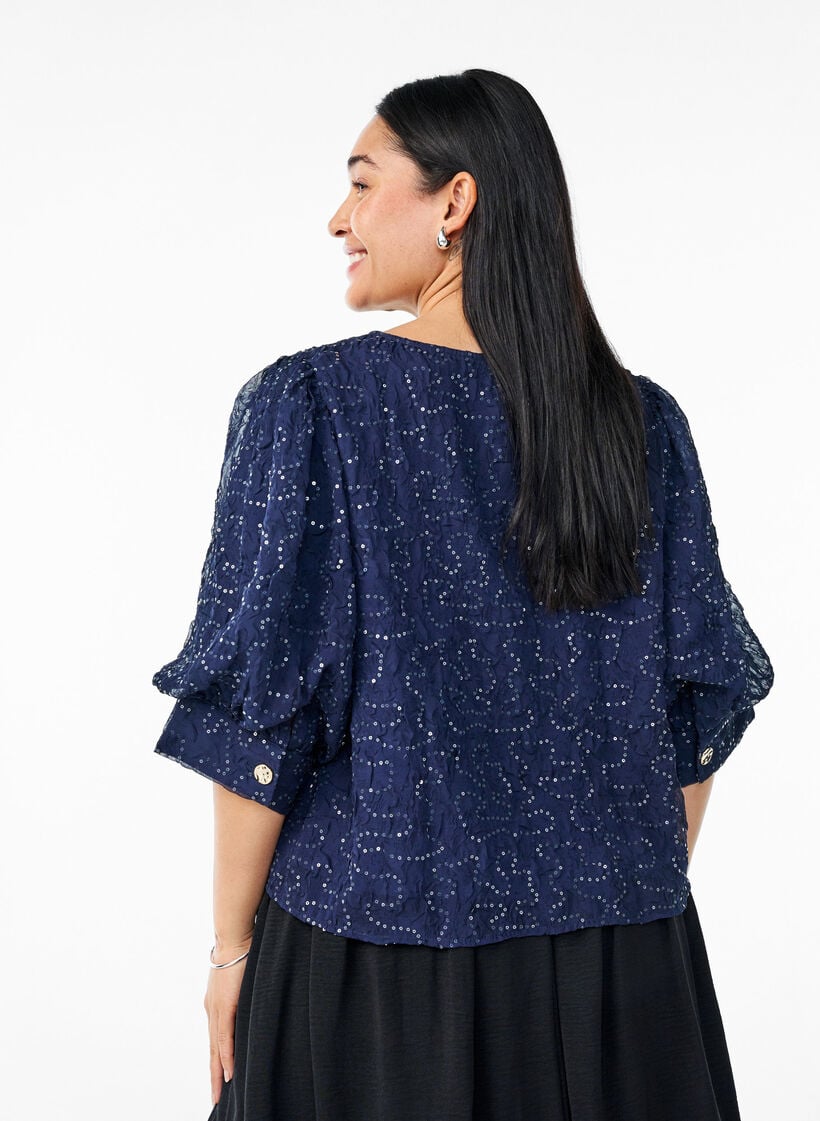 Feestelijke blouse met pailletten en halflange mouwen, Blauw, Model image number 2