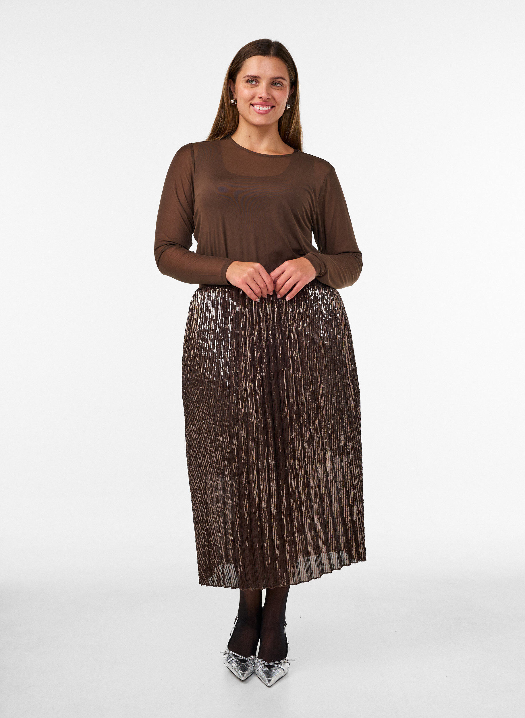 A-lijn midirok met pailletten, Bruin, Model
