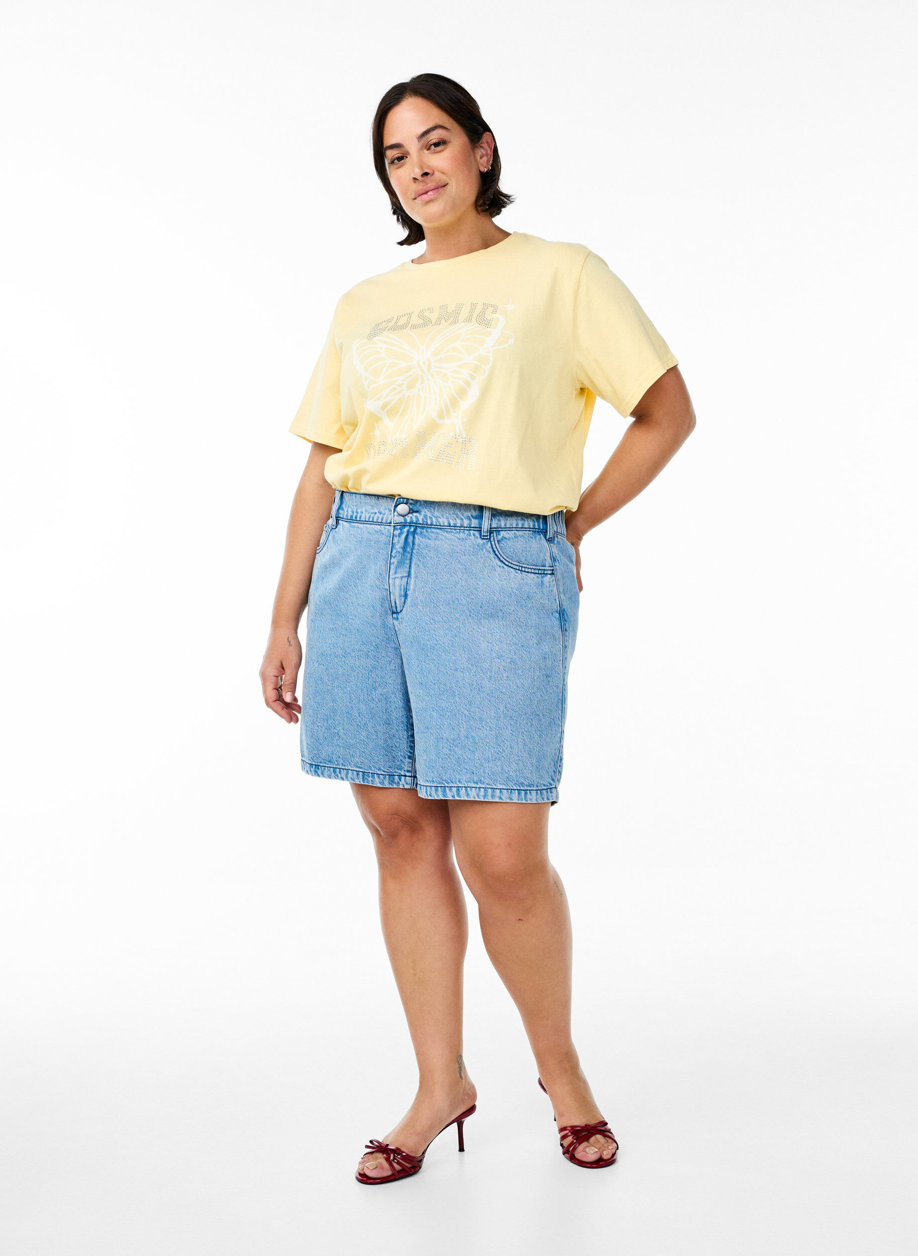 ZizziBiologisch katoenen T-shirt met strass en vlinder motief, Beige, Model image number 1