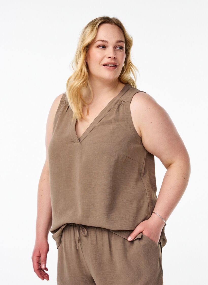 Mouwloze top met kreukeffecten, Bruin, Model image number 0