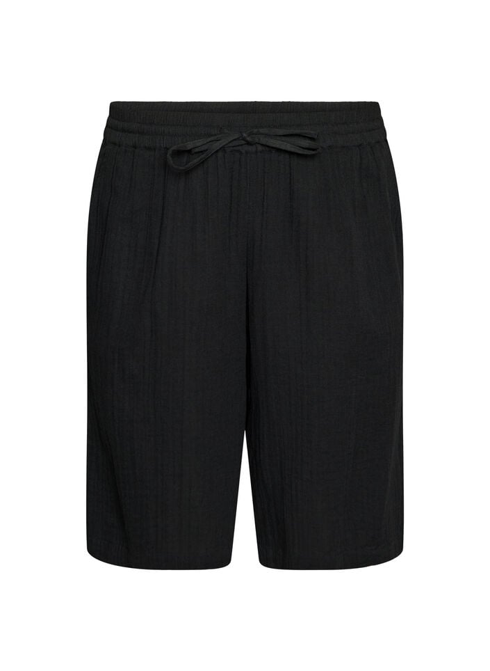 Los katoenen mousseline shorts met een hoge taille, Zwart, Packshot image number 0