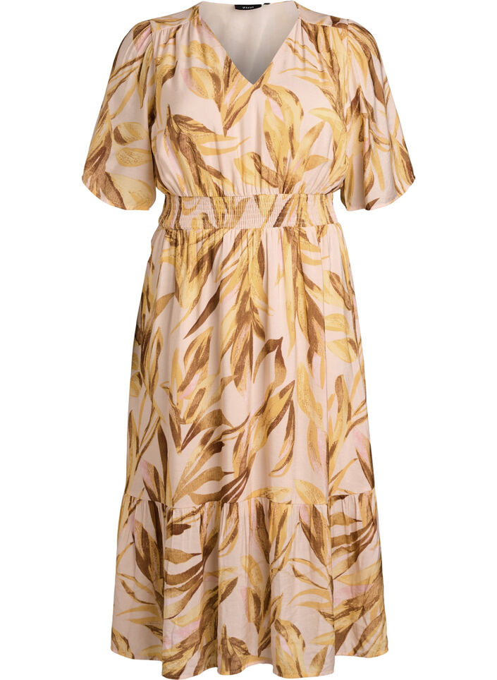 Viscose midijurk met bladprint en gesmokte taille, Geel, Packshot image number 0