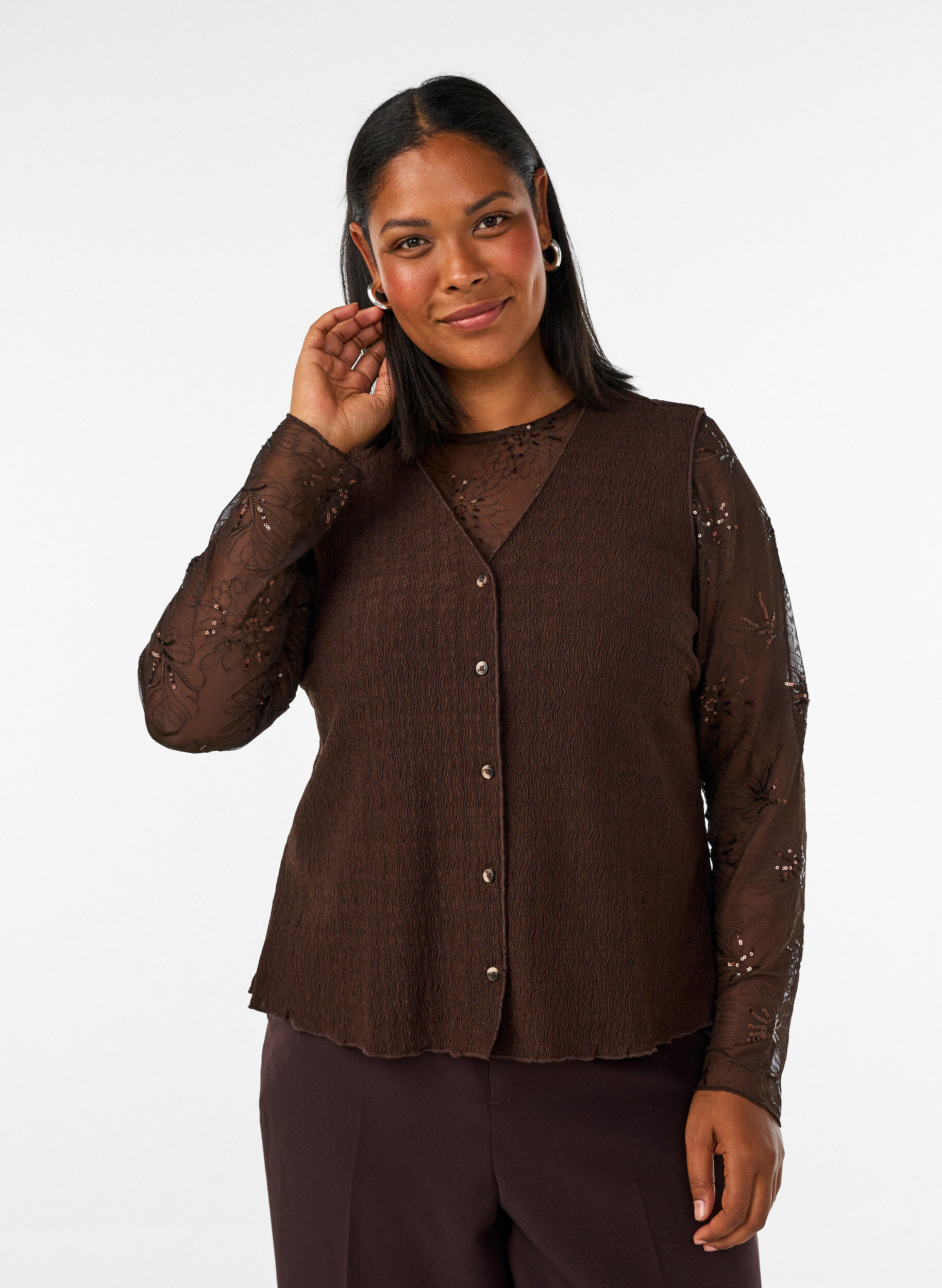 Mesh blouse met bloemen en pailletten, Bruin, Model