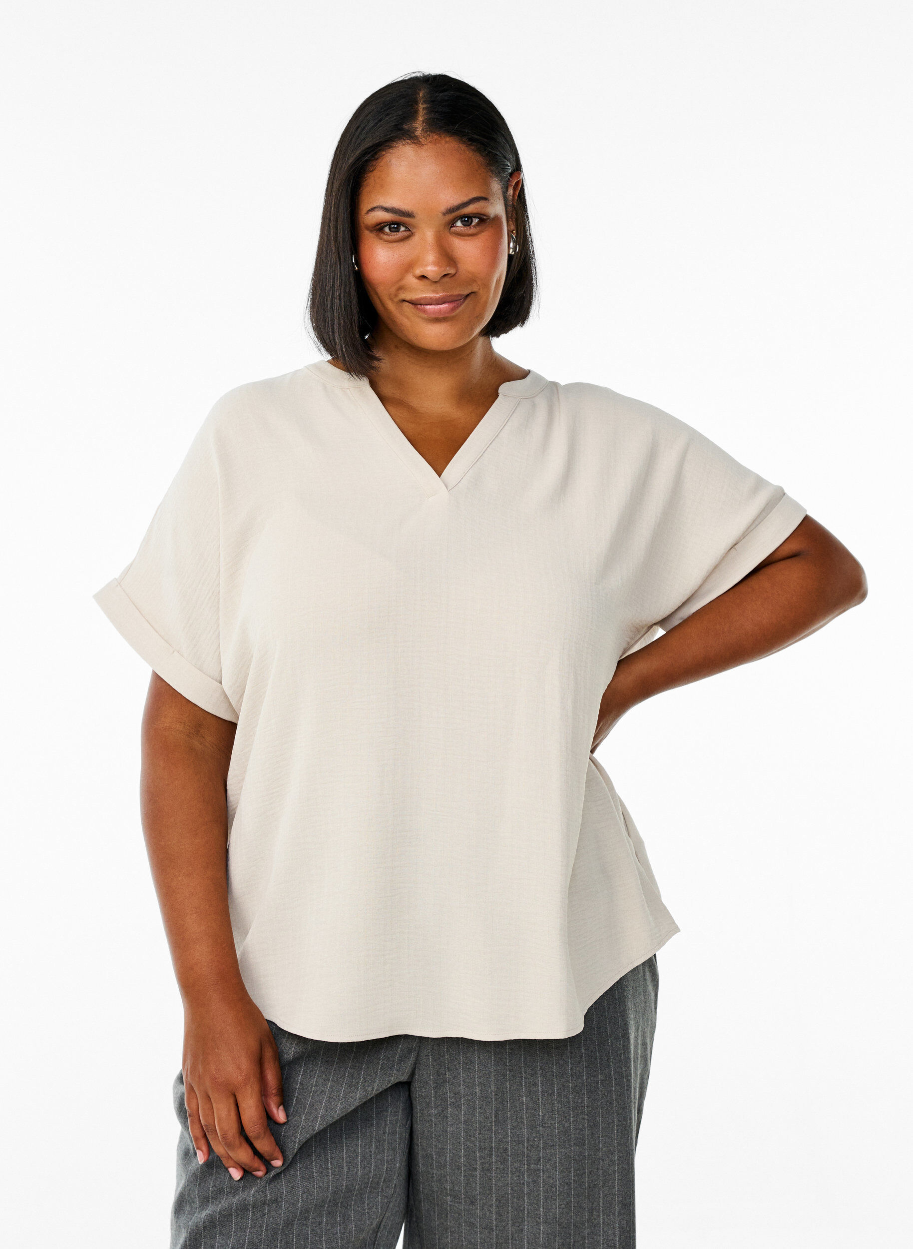 ZizziLuchtige blouse met korte mouwen, Beige, Model image number 0
