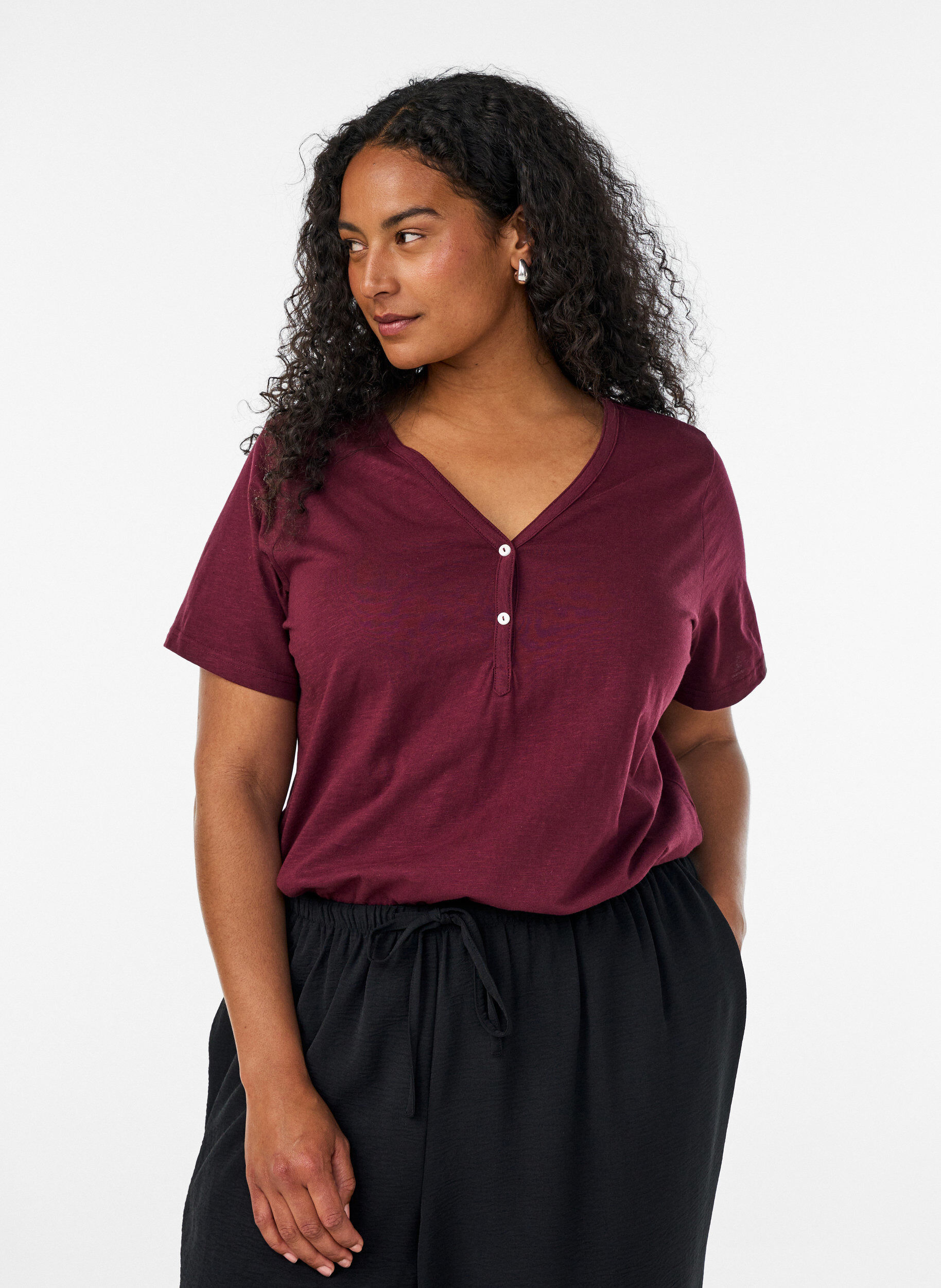 ZizziT-shirt met knoopdetail, Donker Bordeaux, Model image number 0