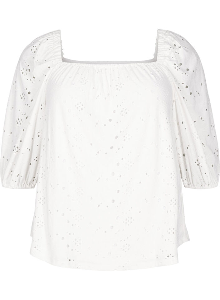 Blouse met korte pofmouwen en een opengewerkt patroon, Bright White, Packshot