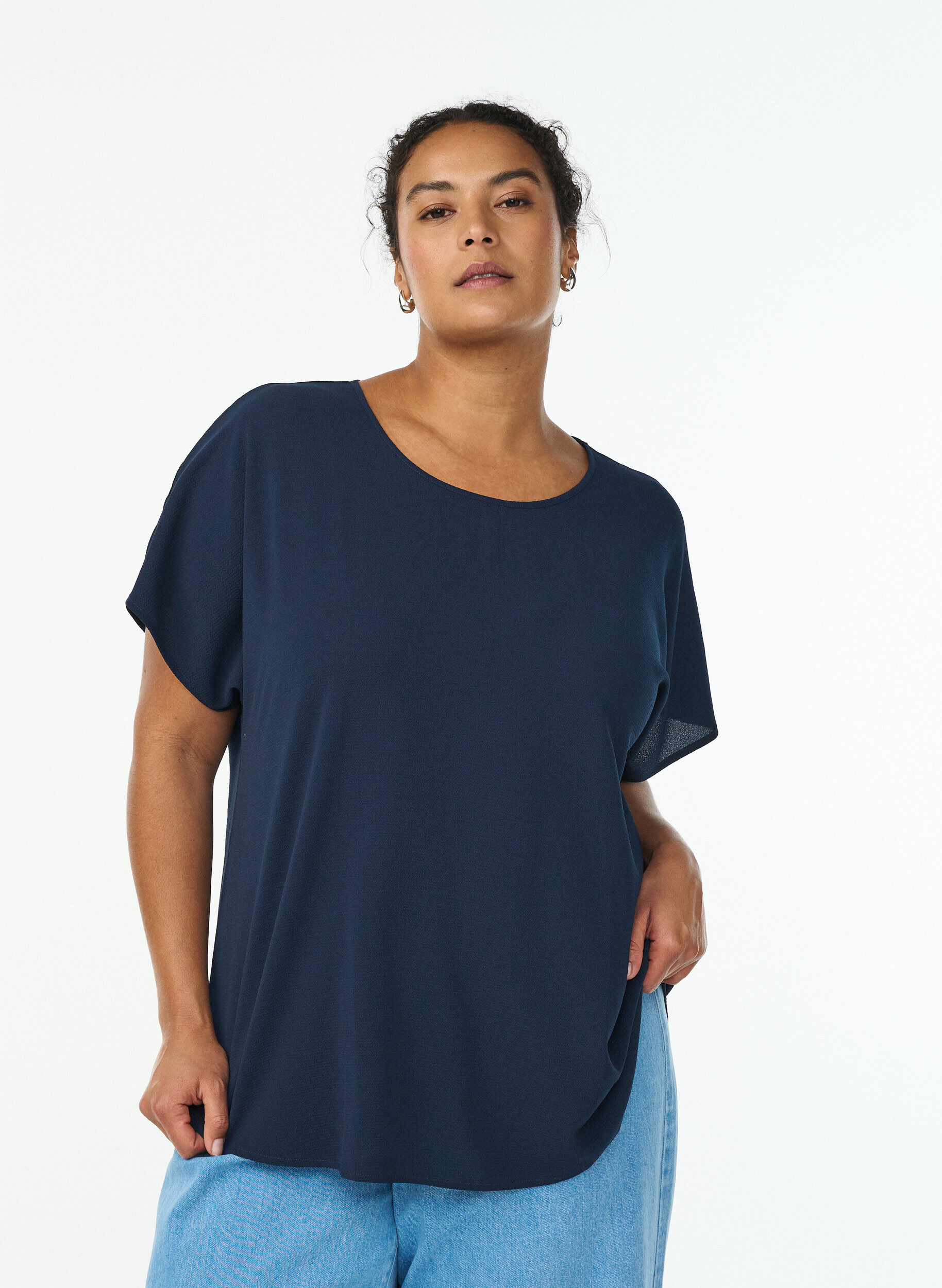 ZizziBlouse met korte mouwen en een ronde halslijn, Blauw, Model image number 0