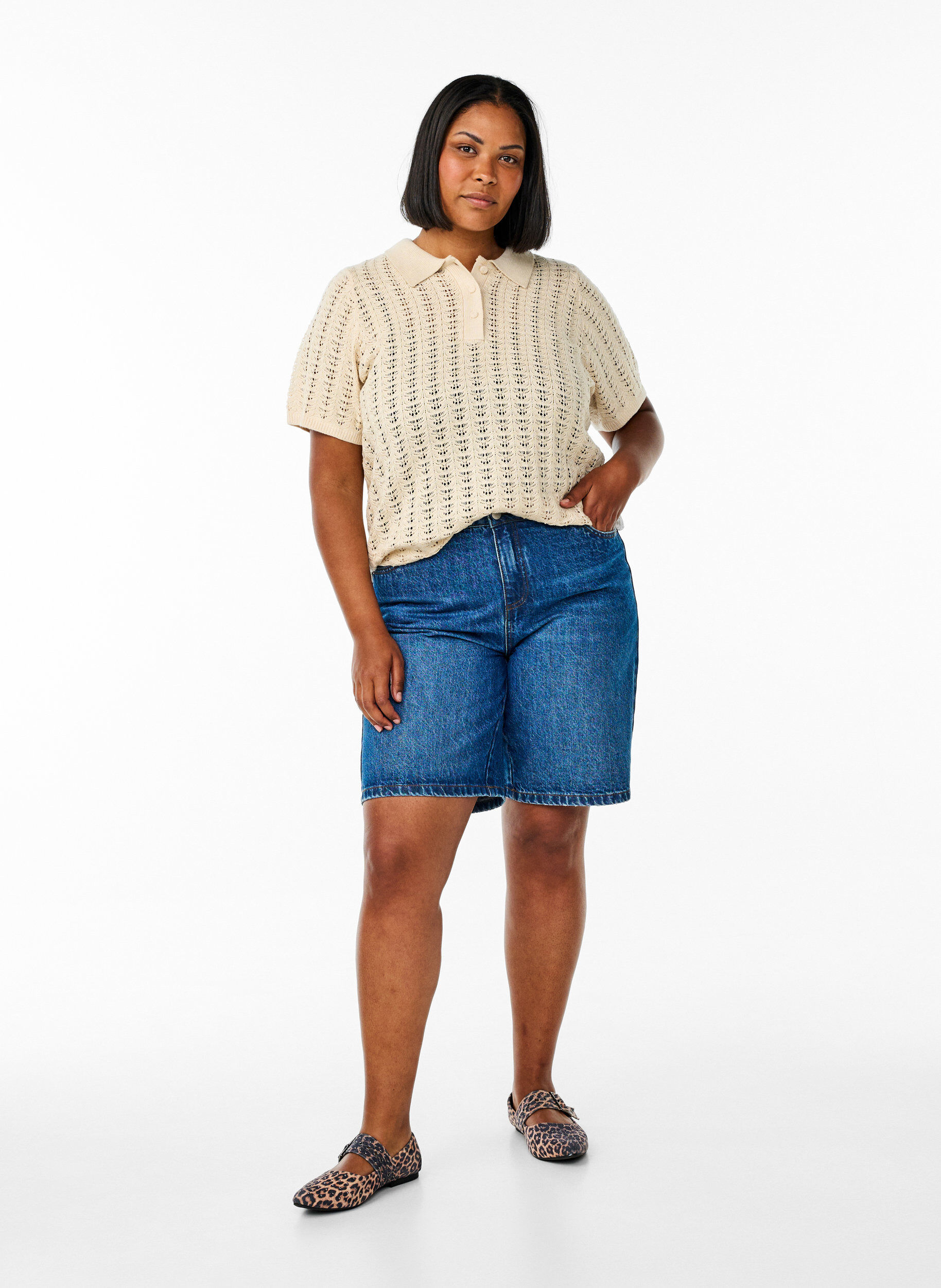 ZizziGebreid poloshirt met oogjespatroon, Beige, Model image number 1