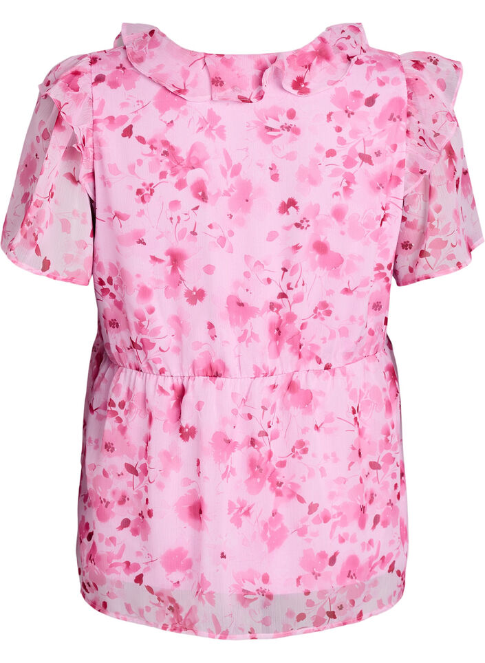 Bloemenblouse met rucheskraag en peplum effect, Roze, Packshot image number 1