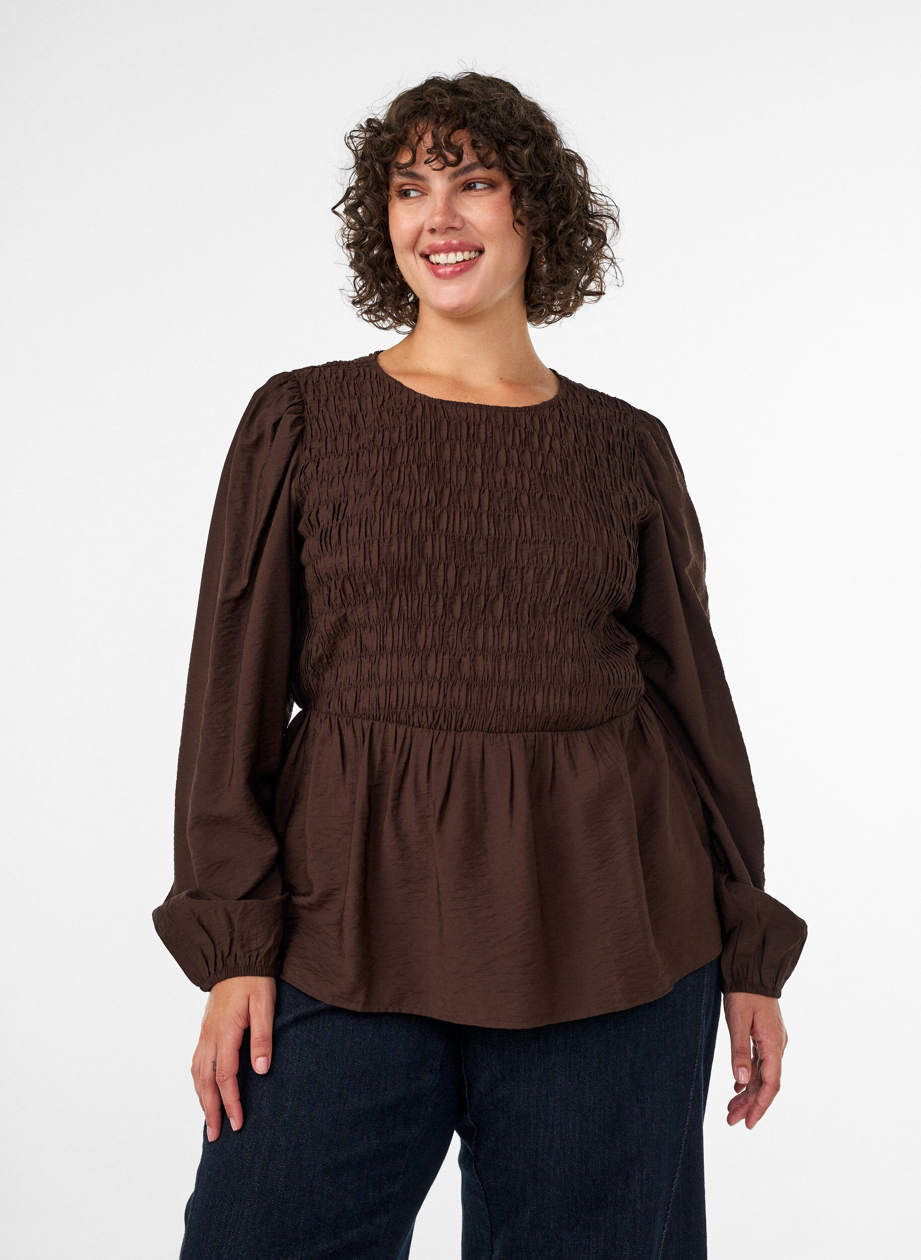 Blouse met smock en lange mouwen, Bruin, Model