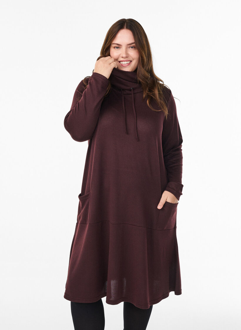 Jersey-jurk met hoge hals en zakken, Rood, Model image number 0