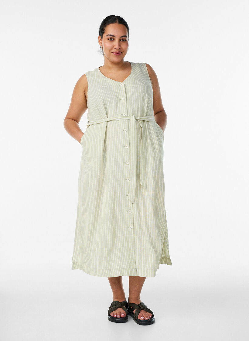 Mouwloze gestreepte midi jurk in linnen en viscose, Groen, Model image number 0