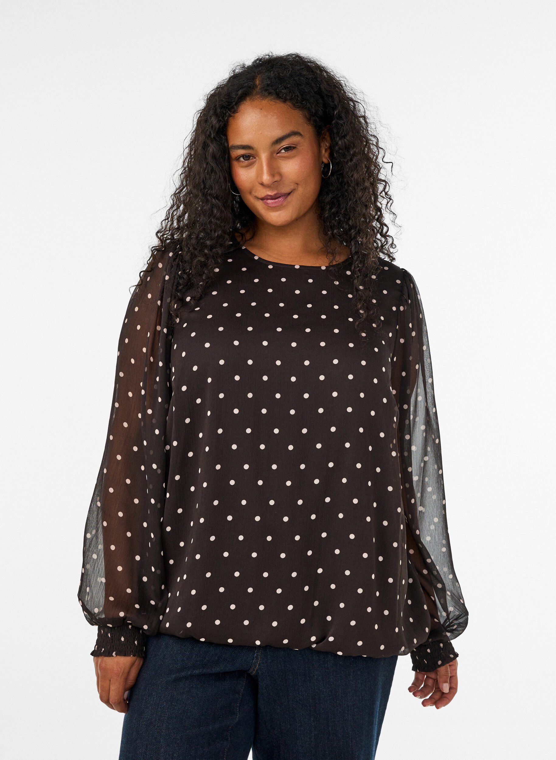 Chiffon blouse met stippen en doorschijnende mouwen, Bruin, Model