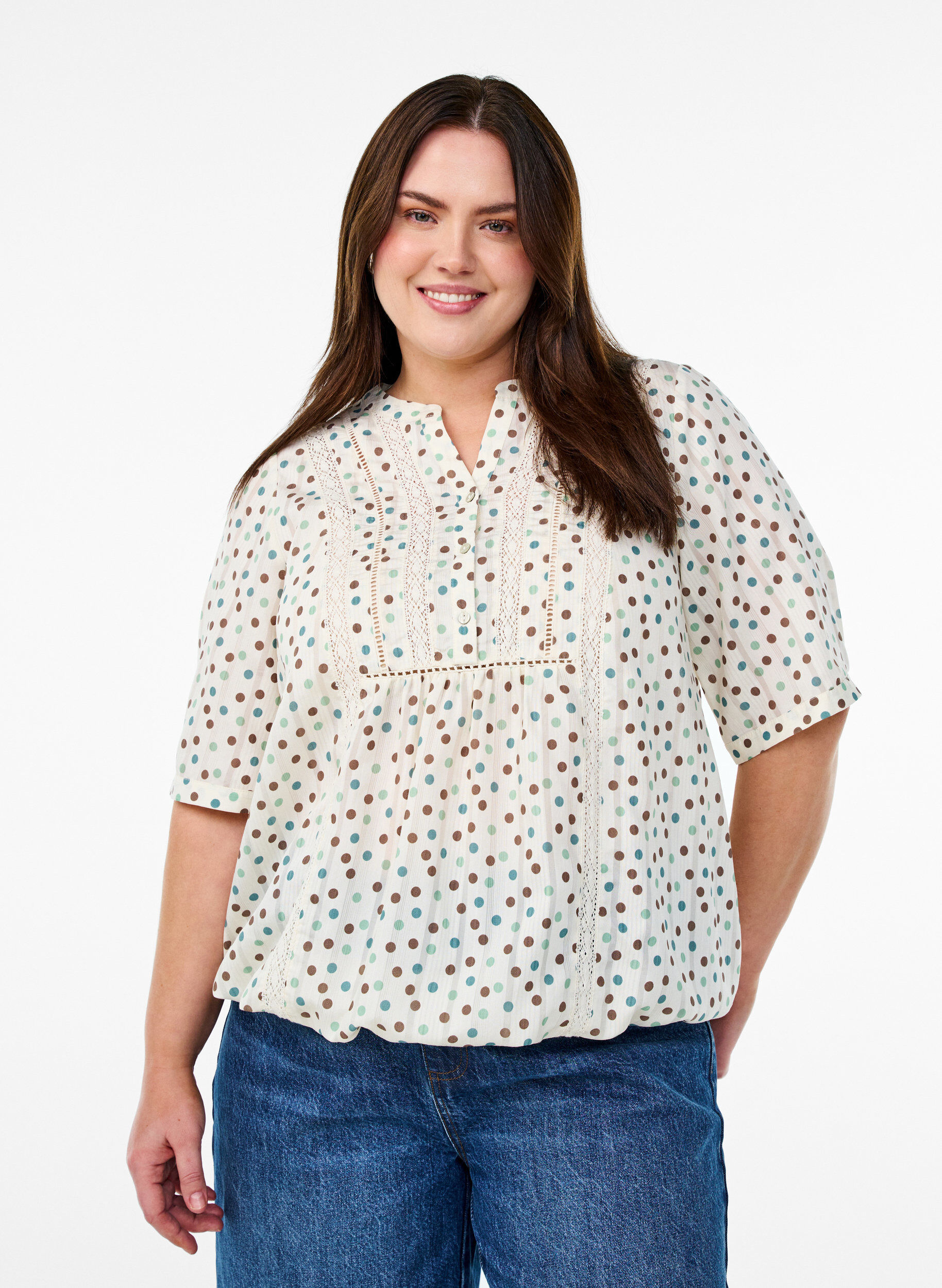 Blouse met print en 1/2 mouwen, Wit, Model