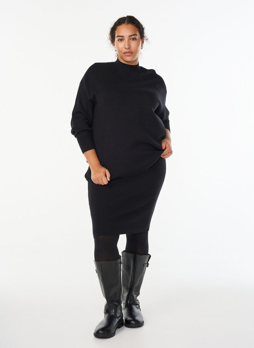 Korte gebreide rok met een brede tailleband, Zwart, Model image number 0