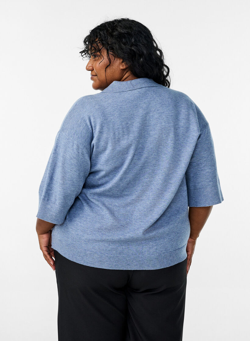 Gebreide blouse met een kraag en korte mouwen, Blauw, Model image number 2