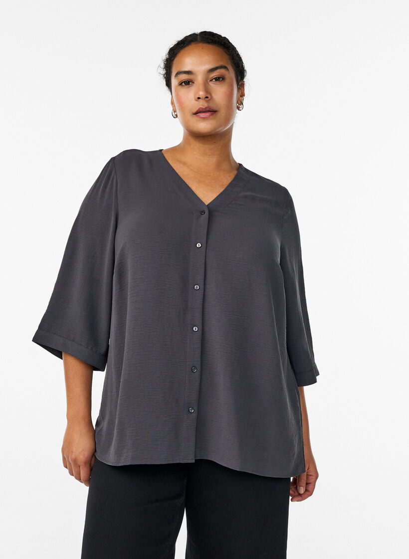 Shirtblouse met V-hals en 3/4 mouwen, Grijs, Model image number 0
