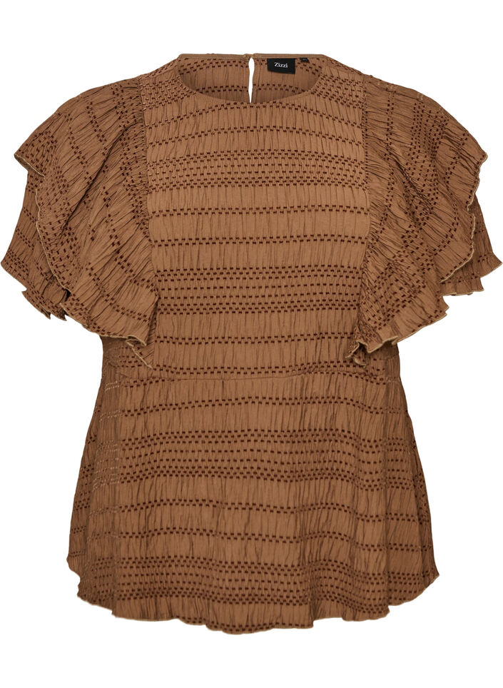 Blouse met smockstructuur en ruchesmouwen, Bruin, Packshot image number 0