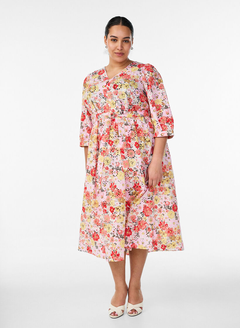 Bloemen midi-jurk met broderie anglaise en een strikriem, Roze, Model image number 0