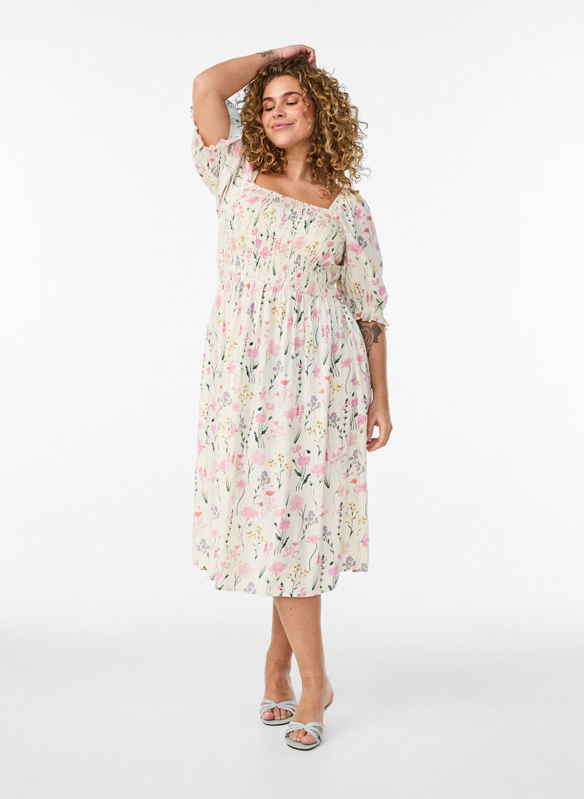 Gebloemde viscose zomerjurk, Vanille, Model image number 0