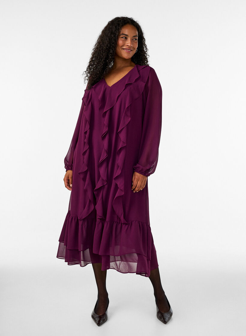 Jurk met ruches en V-hals, Rood, Model image number 0