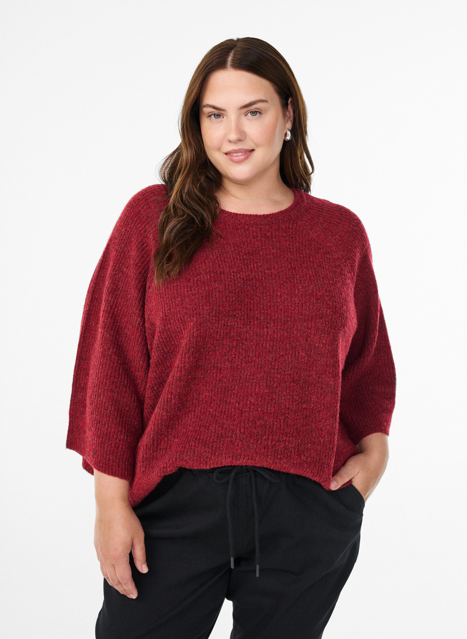 Geribde trui met 3/4 mouwen, Rood, Model