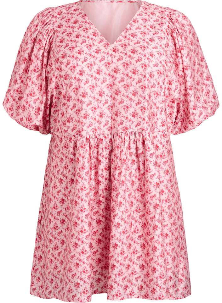 Korte viscosejurk met een empire-lijn en ballonmouwen, Rood, Packshot image number 0