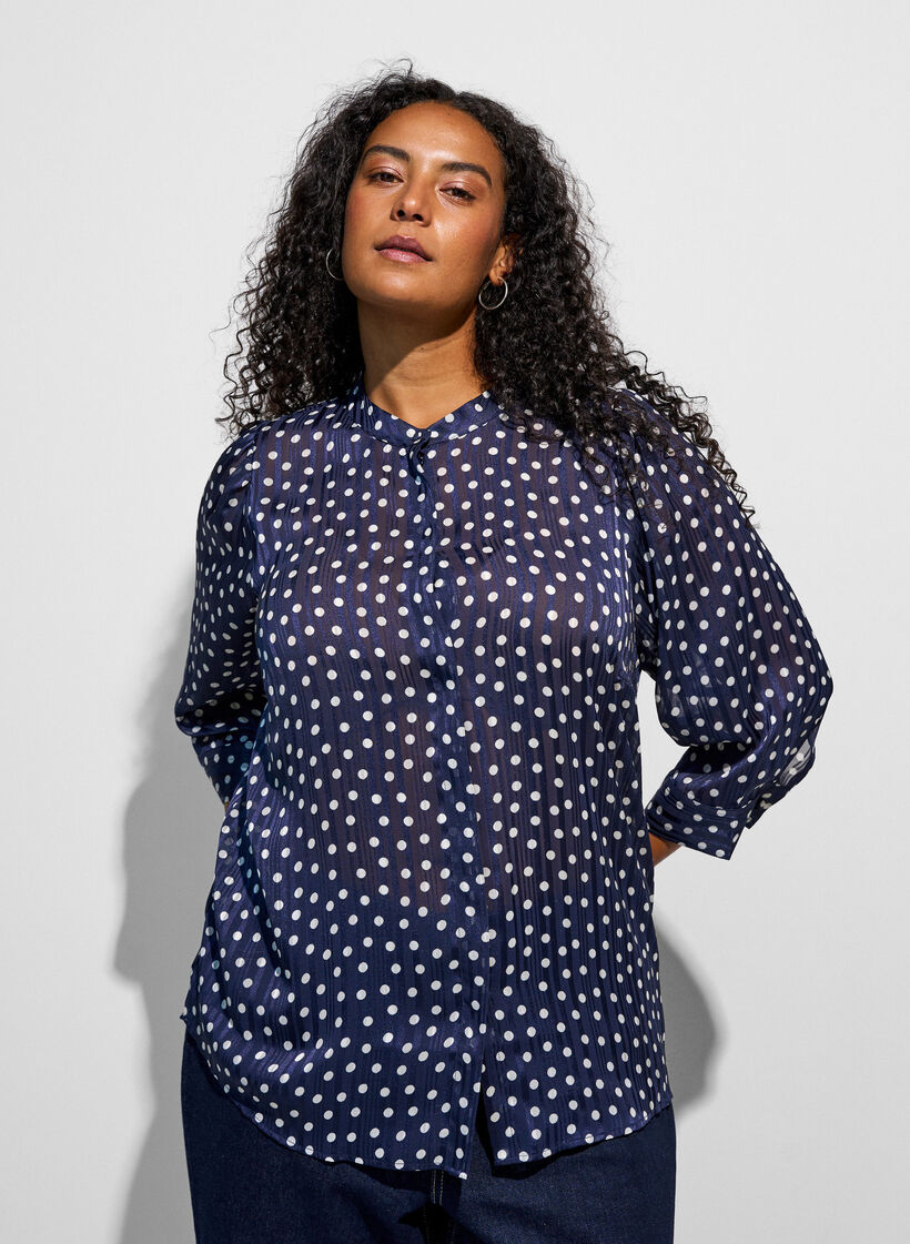 Blouse met patroon, opstaande kraag en 3/4-mouwen, Blauw, Model image number 3