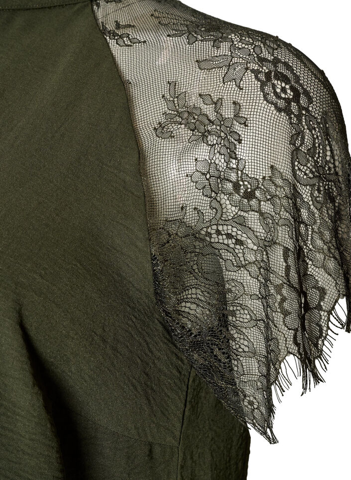 Blouse met korte kanten mouwen en hoge hals, Groen, Packshot image number 3