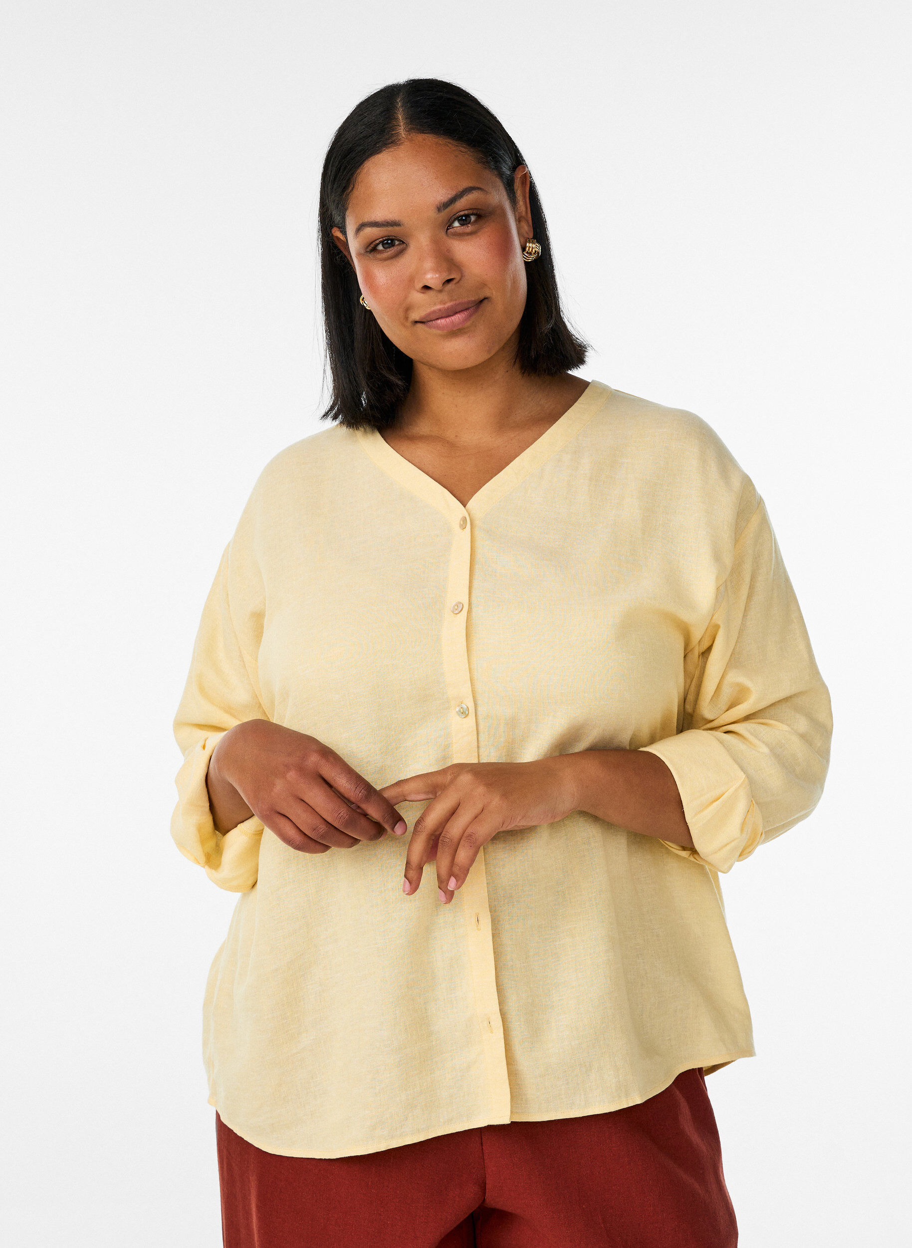 Blouse in linnen en viscose met V-hals, Geel, Model