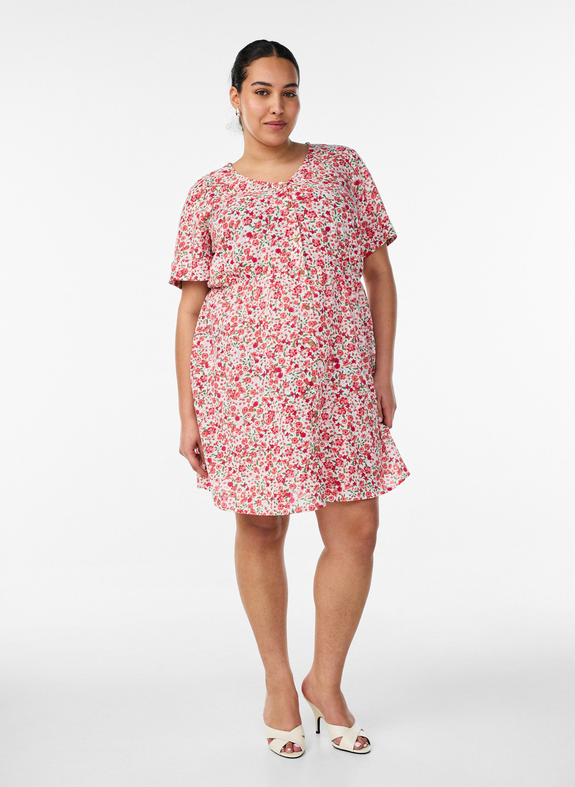 ZizziKorte katoenen jurk met bloemenprint, Rood, Model image number 1