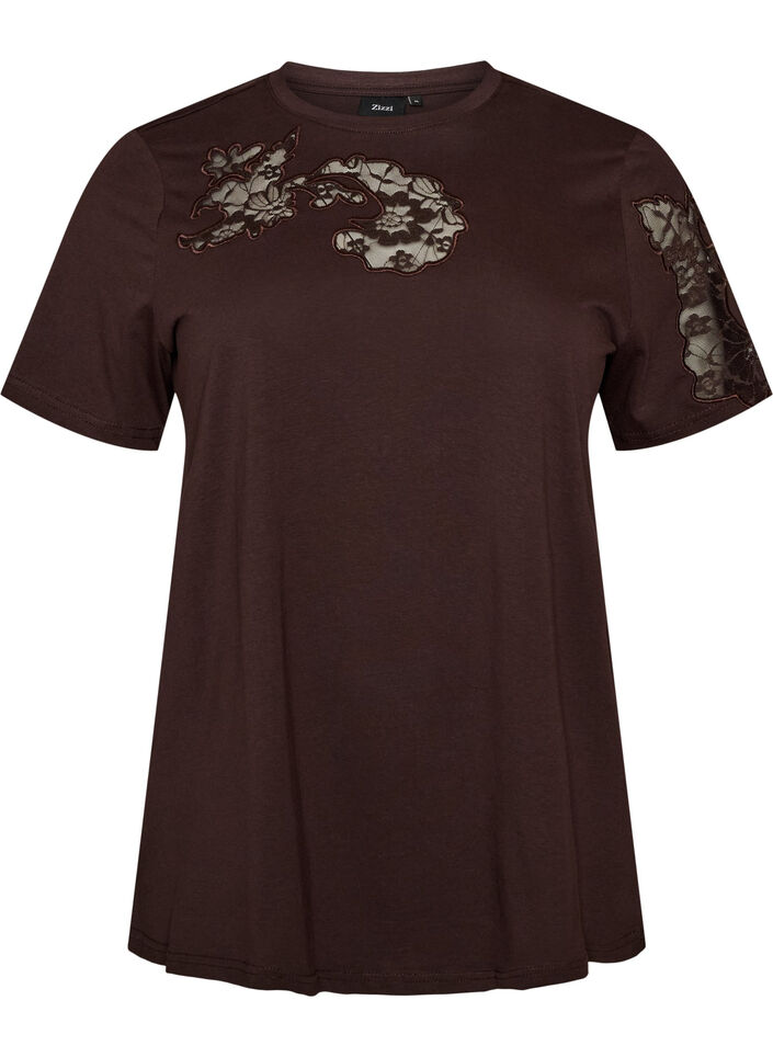 Katoenen T-shirt met kanten applicaties, Bruin, Packshot image number 0
