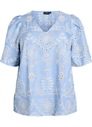 ZizziBlouse met broderie anglaise en korte pofmouwen, Blauw, Packshot image number 0