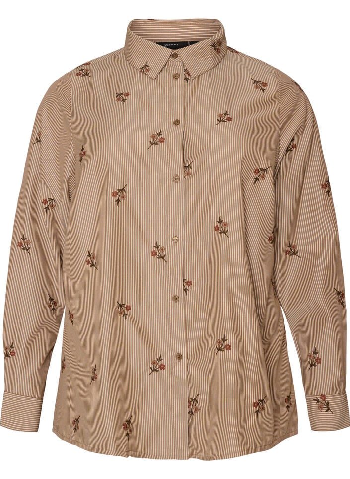 Gestreept shirt met geborduurde bloemen, Bruin, Packshot image number 0